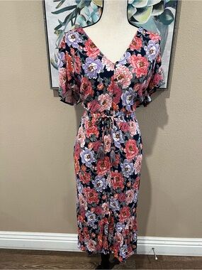 Knox Rose Navy Floral Midi Dress with Pink & Lavender Blooms